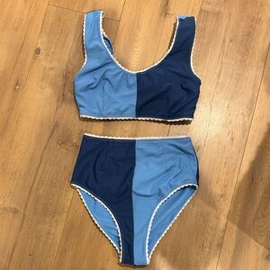 Two-Tone Blue Scoop Neck High-Waist Bikini